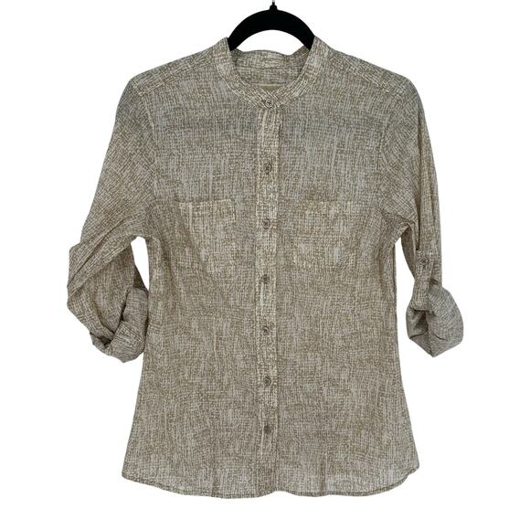 Michael Kors New! Tan Cream Button Down Shirt Roll Tab Sleeve Mandarin Collar 8 - Picture 1 of 9